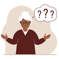 Conceptual illustration of a grandmother who has many questions and question marks in his mind.
