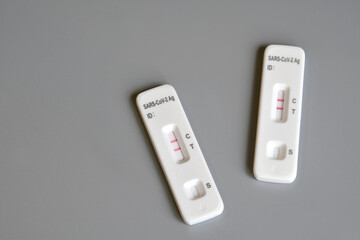 two SARS‑CoV‑2 antigen test kit for self testing with positive results. One step coronavirus...