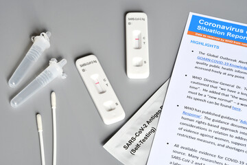 two SARS‑CoV‑2 antigen test kit for self testing with negative results with paper documents....