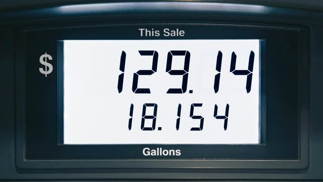 The highest maximum fuel price increase due to inflation in California USA. Static shot of gasoline price counter on display showing gas price on digital display, gas pump meter running at gas station