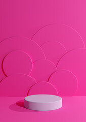 Bright magenta, neon pink 3D rendering simple, minimal, blank product photography display with one cylinder podium stand with circle bubbles in the background for cosmetic products
