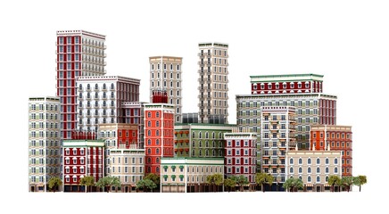 Beautiful City view, Periodic European or American architecture. Flats, office blocks, skyscrapers. 3D rendering illustration.