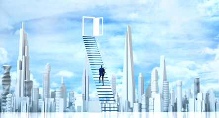 Successful businessman walks up the stairs in the City. Open door for business opportunities, start ups, new projects, investments, banking, advisory concept. 3D rendering illustration