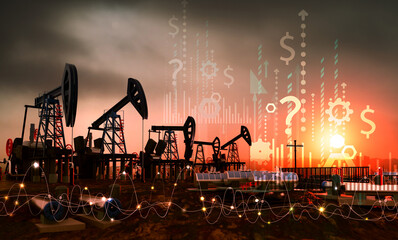 Oil pump, oil industry equipment, drilling derricks silhouette from oil field at sunset and graphs of stock market prises rise. Energy supply crisis, power supply, energy crisis. 