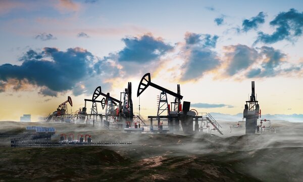 Oil pump, oil industry equipment, drilling derricks silhouette from oil field at sunset  Energy supply crisis, power supply, energy crisis. 