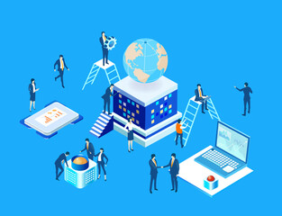 Isometric business concept environment, Business people working in server room around Globe. Technology, big data, international, global business, computing, writing applications concept 