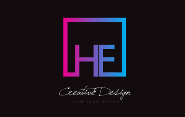 HE Square Frame Letter Logo Design with Purple Blue Colors.
