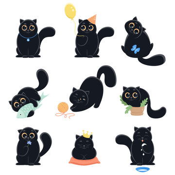 vector set of cute cartoon character black cat