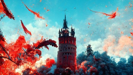 A red gothic fantasy tower or fortress with a clear blue sky fairytale or adventure - obrazy, fototapety, plakaty