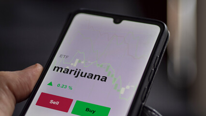 Un investisseur analyse un fonds etf marijuana sur un graphique. Un téléphone affiche le cours de l'ETF. Texte en français francais marijuana