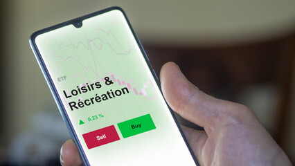 Un investisseur analyse un fonds etf loisirs & récréation sur un graphique. Un téléphone affiche le cours de l'ETF. Texte en français francais Loisirs & Récréation