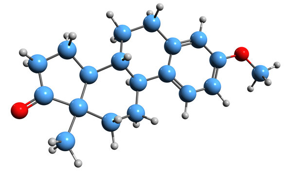  3D image of Estrone methyl ether skeletal formula - molecular chemical structure of  estrone 3-methyl ether isolated on white background
