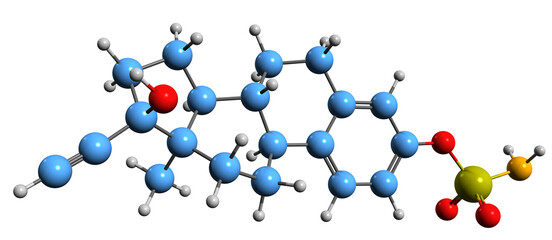  3D image of Ethinylestradiol sulfamate skeletal formula - molecular chemical structure of synthetic estrogen isolated on white background
 - obrazy, fototapety, plakaty