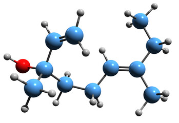  3D image of ethyl linalool skeletal formula - molecular chemical structure of  isolated on white background
