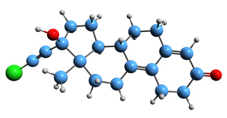  3D image of Ethynerone skeletal formula - molecular chemical structure of  steroidal progestin isolated on white background - obrazy, fototapety, plakaty