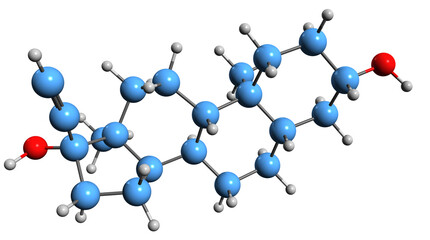  3D image of Ethynylandrostanediol skeletal formula - molecular chemical structure of synthetic androstane steroid isolated on white background
