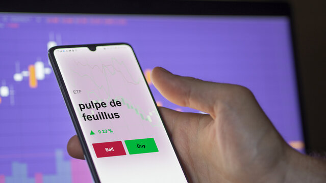 Un investisseur analyse un fonds etf pulpe de feuillus sur un graphique. Un t&eacute;l&eacute;phone affiche le cours de l'ETF. Texte en fran&ccedil;ais francais pulpe de feuillus