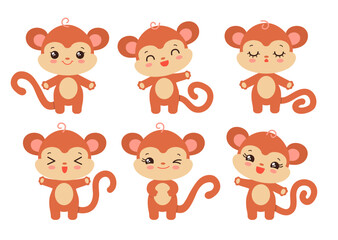 Cartoon monkey baby character set various emotions. Kawaii monkey facial expressions - calm, happy, laughing, smiling, waving, winking. Baby monkey cute character chibi style. Adorable little chimp.