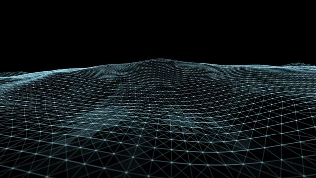 3D abstract wired wave video render, connected bright points with lines, dark background, data, soft motion, triangular fill, connection, direction, network, futuristic, digi, scifi concept, shapes	