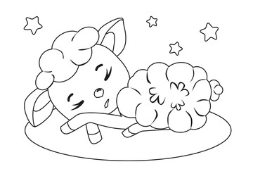 Coloring the outline of a cartoon sleeping cute little lamb