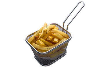 french fries served in a air fryer isolated on white background side view