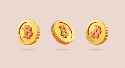 Various bitcoin BTC golden coins isolated on neutral background in 3D cartoon illustration. Cryptocurrency, 2p2 exchange and blockchain technology concept