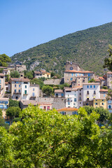Fototapeta na wymiar Vue estivale sur le village de Roquebrun depuis les berges de l'Orb