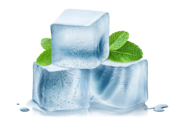 Three ice cubes with mint leaves, isolated on white background