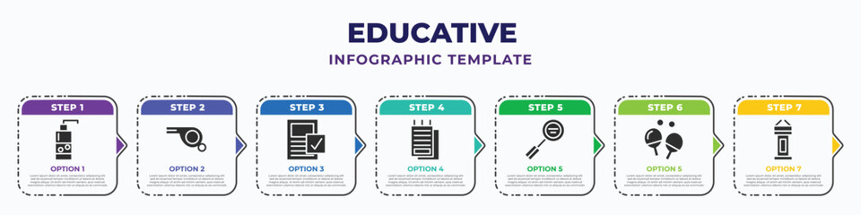 educative infographic design template with soap bottles, silver whistle, selected file, education form, inc, two  rackets, rostrum with microphones icons. can be used for web, banner, info graph. - obrazy, fototapety, plakaty