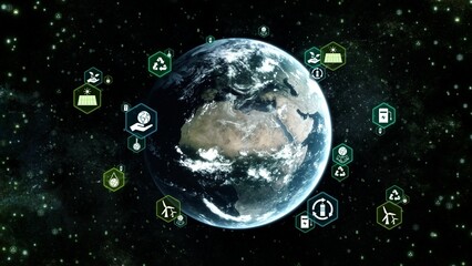 Earth in Space and orbiting ecology infographic icons. Enviromental technology and sustainability concept 3D illustration green energy background. Africa and Europe World map furnished by NASA.