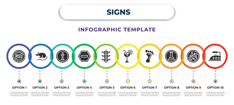 Signs Infographic Design Template With No Food, Rats, Info, Traffic, Traffic Light, Drinks, Barefoot, Chemical Products, Ironing Icons. Can Be Used For Web, Banner, Info Graph.