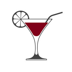 Vector icon of wine glass with slice of lemon and straw isolated on white background.