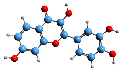 3D image of Fisetin skeletal formula - molecular chemical structure of plant flavonol isolated on white background

