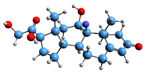 3D image of Fludrocortisone skeletal formula - molecular chemical structure of  corticosteroid isolated on white background