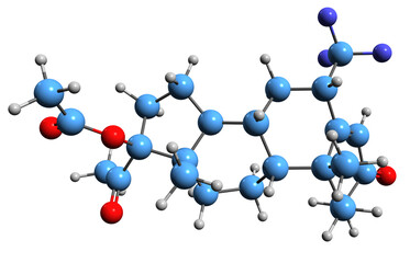 3D image of Flumedroxone acetate skeletal formula - molecular chemical structure of  antimigraine agent - progestin medication isolated on white background
