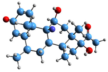  3D image of Fluorometholone skeletal formula - molecular chemical structure of synthetic glucocorticoid isolated on white background
