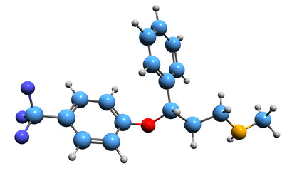  3D image of Fluoxetine skeletal formula - molecular chemical structure of  antidepressant isolated on white background
