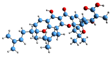  3D image of Gambogic acid skeletal formula - molecular chemical structure of xanthonoid isolated on white background

