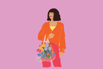 Portrait of a stylish woman stands with mesh bag full of blossom flowers on color background. Vector illustration
