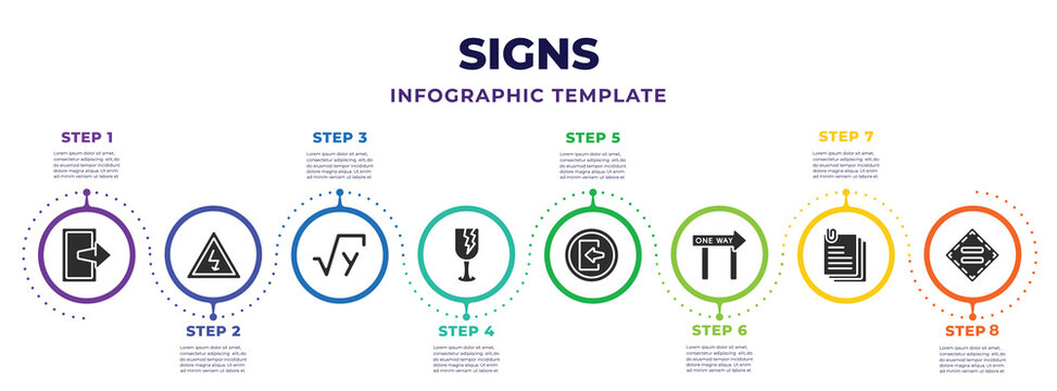 Signs Infographic Design Template With Emergency Door, Arrow Bolt, Mathematics, Broken Glass, Entry, One Way Street, Paper Sheet, Equal Icons. Can Be Used For Web, Banner, Info Graph.