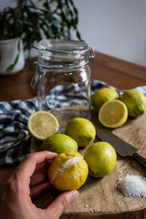Filling Moroccan preserved lemons with coarse salt 1
