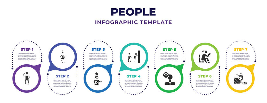 people infographic design template with elegant man talking through phone, scholar girl front, chef uniform, hide and seek, man, sitting man reading, criminal heist icons. can be used for web,