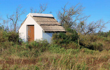 Cabane blanche  de gardian en Camargue, surmontée de son toit de chaume 
