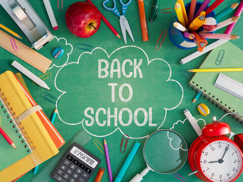 School stuff with back to school text on green chalkboard. Back to school concept background 3D Rendering, 3D Illustration