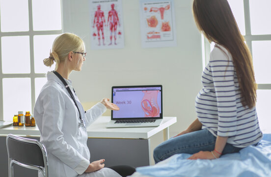 Beautiful smiling pregnant woman with the doctor at hospital
