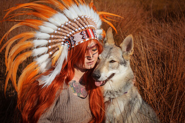 Portrait Native Américan photoshoot with wolf