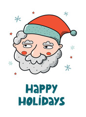 Christmas greeting card, poster, print, invitation design with hand drawn Santa Claus and lettering quote 'Happy Holidays'. EPS 10
