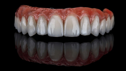 dental prosthesis of the upper jaw made of ceramic and titanium with a natural gum on black glass with reflection