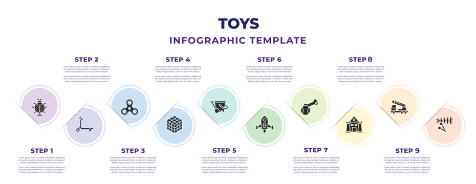 toys infographic design template with ladybug toy, scooter toy, spinner toy,  , bucket rocket puppy bouncy castle xylophone icons. can be used for web, banner, info graph.