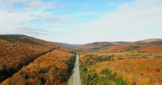 Autumn fall landscape of Wentworth valley. Aerial views of scenic highway amidst fall foliage in Nova Scotia. Drone views of fall landscape Autumn colors of Nova Scotia, Canada